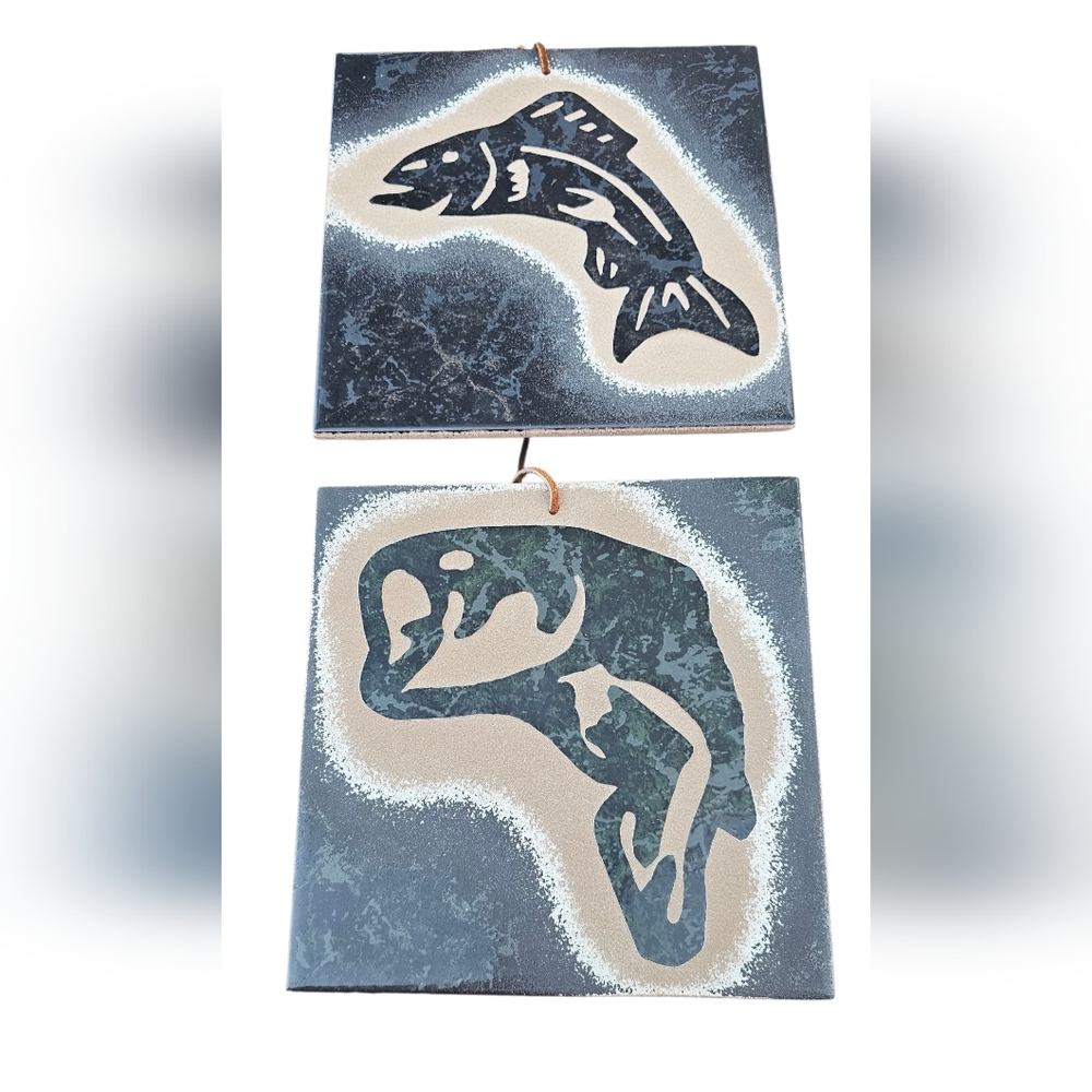 Handmade Set Of 2 Artistic 8x8 Fish Wall Tile Decor Bass & Pike